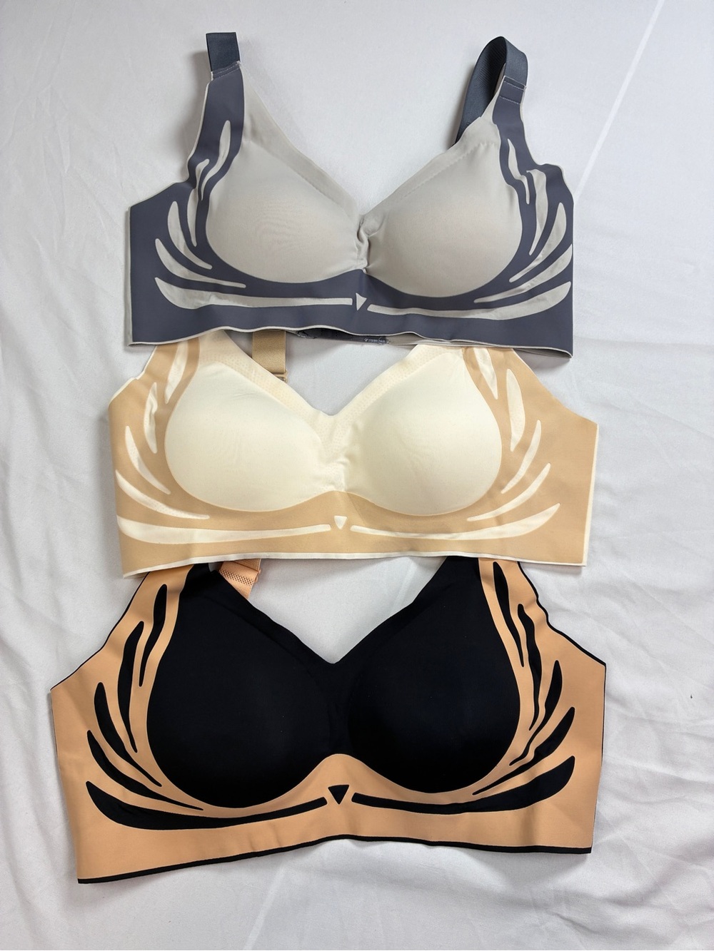 Amazon Women's Wireless Seamless Bras in Gray, Cream & Black set of 3. Padded